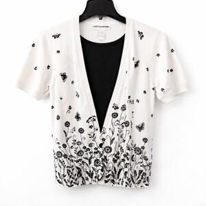 Cathy Daniels Cardigan Large Black White Floral Twofer Layered Knit Sweater